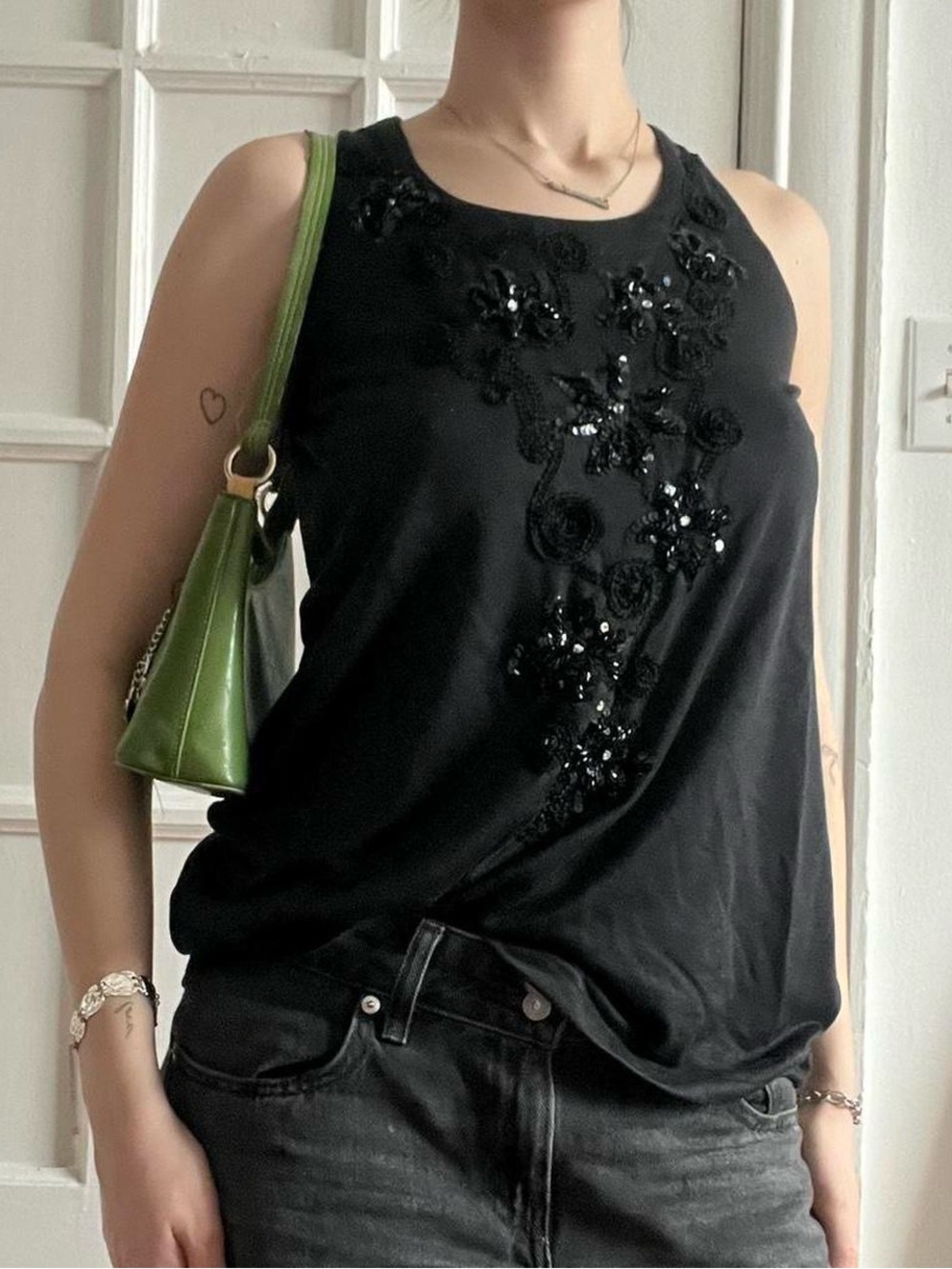 Unsized Black Embroidered Sequin Design Tank Top